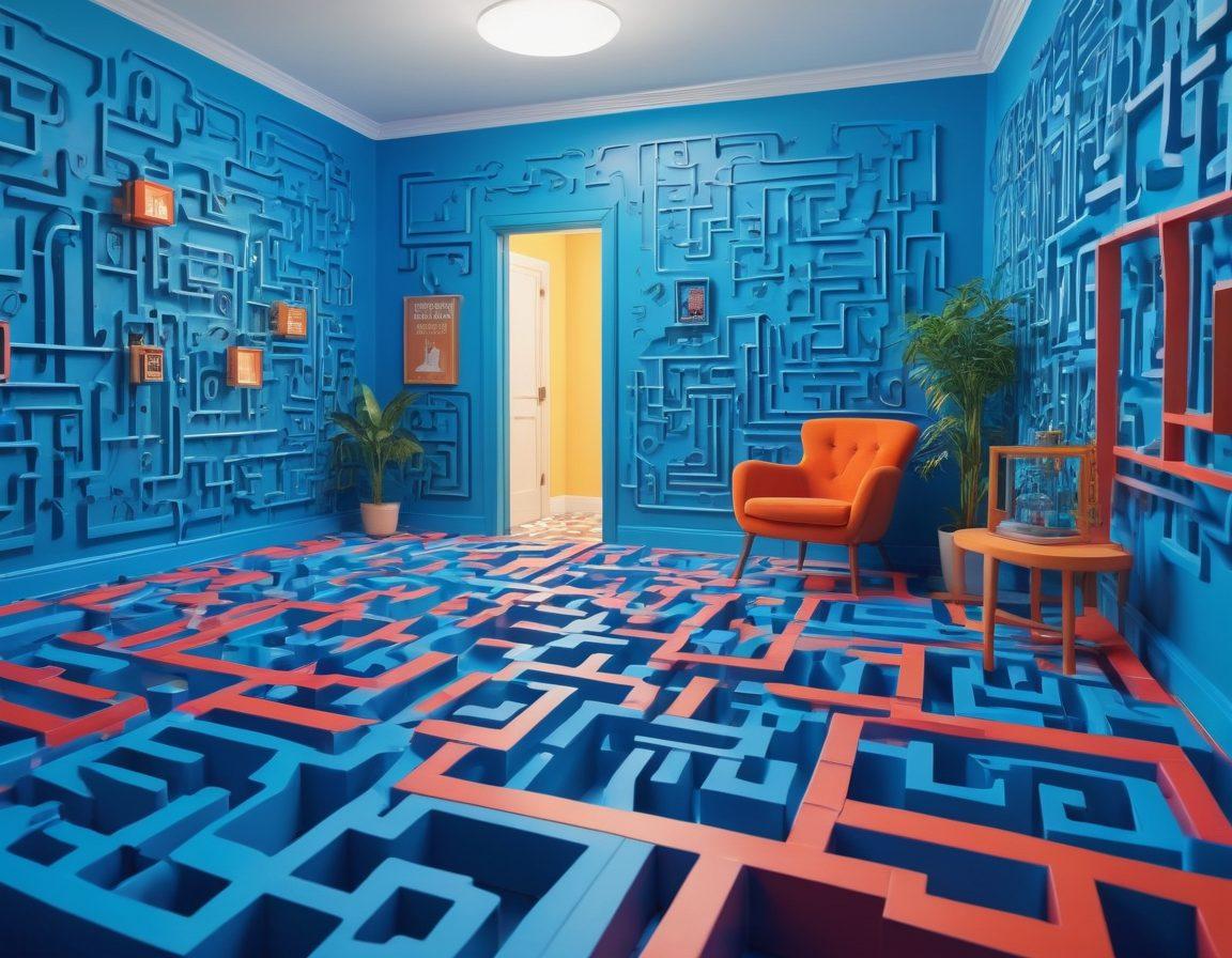 A vibrant and intricate maze filled with various room rental signs, showcasing different lifestyles like minimalist, bohemian, and modern. Include characters navigating the maze with an expression of curiosity and excitement. Colorful room designs can peek through the maze walls, hinting at the possibilities within. The sky is a bright blue, adding an uplifting atmosphere. cartoon style. vibrant colors.