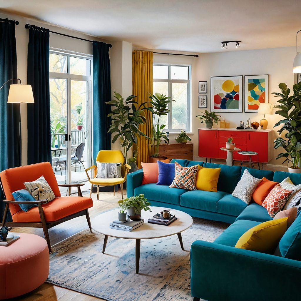 A beautifully designed shared living space, featuring a cozy living room with colorful furniture, diverse people engaging in friendly conversations, plants and artwork that enhance the ambiance, warm lighting creating a welcoming atmosphere. The image conveys harmony and community spirit. super-realistic. vibrant colors. inviting ambiance.