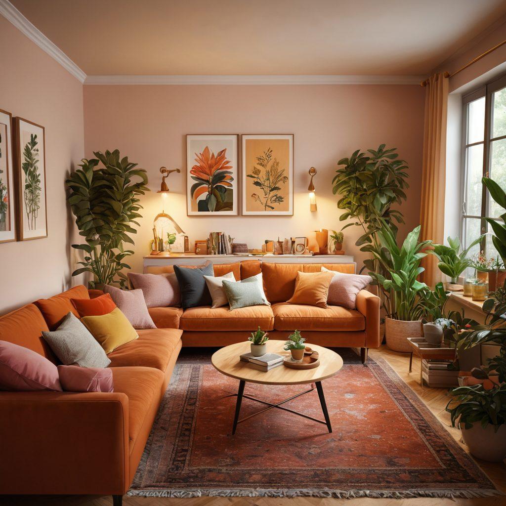 An inviting and stylish shared living space with two diverse roommates enjoying each other's company, one cooking in a modern kitchen and the other relaxing on a cozy couch with a book, surrounded by plants and warm lighting. Clearly defined personal areas that reflect their personalities, such as artwork and decor. The atmosphere should convey a sense of harmony and connection between them. super-realistic. vibrant colors. warm tones.